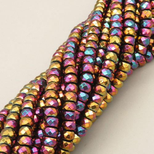 Non-magnetic Synthetic Hematite Beads Strands,Abacus Beads,Faceted,Plating,Purple Dark Green Color,4x6mm,Hole:1mm,about 90 pcs/strand,about 40 g/strand,5 strands/package,14.96"38,XBGB07484vbmb-L020