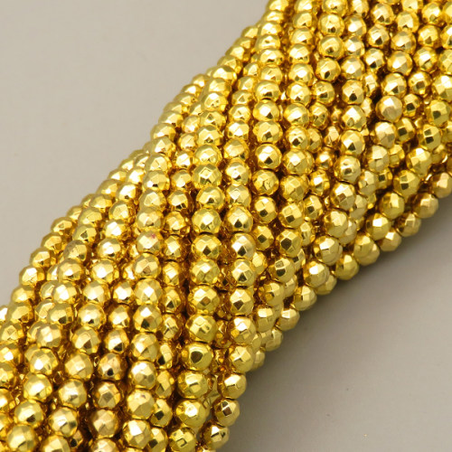 Non-magnetic Synthetic Hematite Beads Strands,Round,Faceted,Plating,Gold,3mm,Hole:1mm,about 130 pcs/strand,about 10 g/strand,5 strands/package,14.96"38,XBGB07530bhva-L020