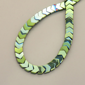 Non-magnetic Synthetic Hematite Beads Strands,Small V,Plating,Green,2.5x6x6mm,Hole:1mm,about 103 pcs/strand,about 24 g/strand,5 strands/package,14.96"38,XBGB07608vbmb-L020