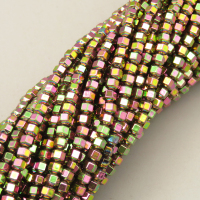 Non-magnetic Synthetic Hematite Beads Strands,6-Sided Double-Sided Cone,Plating,Flower Green,3x3mm,Hole:1mm,about 140 pcs/strand,about 10 g/strand,5 strands/package,14.96"38,XBGB07640vbmb-L020