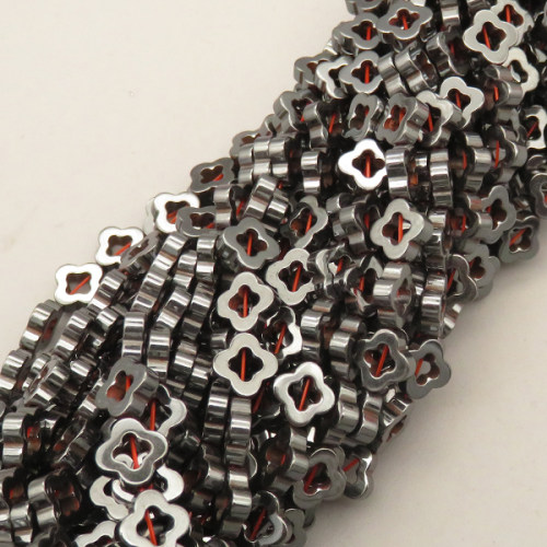 Non-magnetic Synthetic Hematite Beads Strands,Openwork Four-Leaf Clover,Dark Grey,8x8x3mm,T:3mm,Hole:1mm,about 53 pcs/strand,about 35 g/strand,5 strands/package,14.96"(38mm),XBGB07698bhva-L020