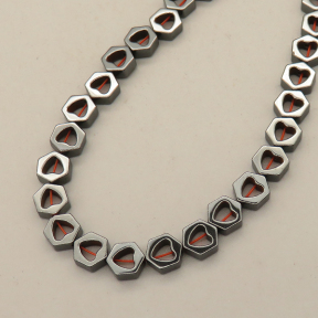 Non-magnetic Synthetic Hematite Beads Strands,6 Corner Hollow Peach Heart,Dark Grey,6x7x3mm,T:3mm,Hole:1mm,about 60 pcs/strand,about 30 g/strand,5 strands/package,14.96"(38mm),XBGB07716bhva-L020