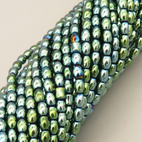 Non-magnetic Synthetic Hematite Beads Strands,Barrel Beads,Plating,Grass Green,4x5mm,Hole:1mm,about 75 pcs/strand,about 17 g/strand,5 strands/package,XBGB07874vbmb-L020