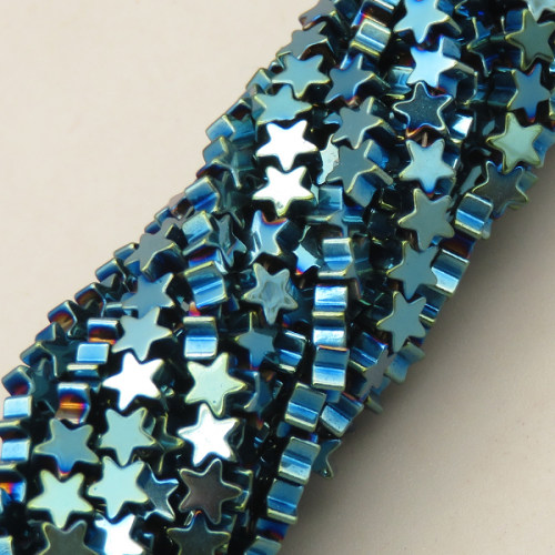 Non-magnetic Synthetic Hematite Beads Strands,Flat,Five-Pointed Star,Plating,Cyan Bule,4x2mm,Hole:1mm,about 120 pcs/strand,about 10 g/strand,5 strands/package,XBGB07890bbov-L020
