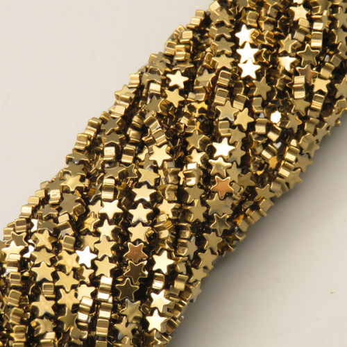 Non-magnetic Synthetic Hematite Beads Strands,Flat,Five-Pointed Star,Plating,Gold Champagne,4x2mm,Hole:1mm,about 120 pcs/strand,about 10 g/strand,5 strands/package,XBGB07894bbov-L020