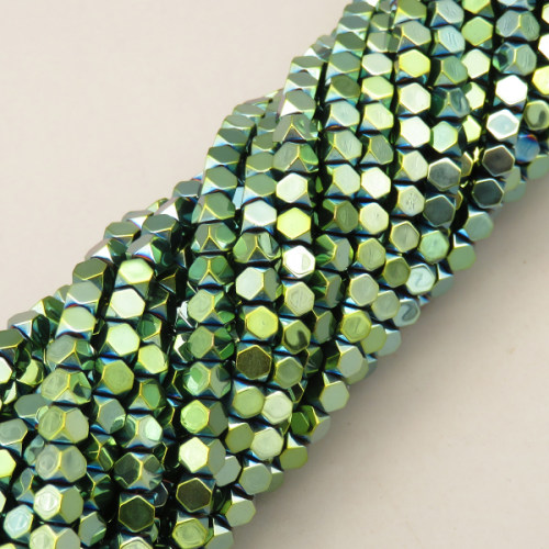 Non-magnetic Synthetic Hematite Beads Strands,Cut Octagonal Cube,Plating,Dark Green,3mm,Hole:1mm,about 126 pcs/strand,about 9 g/strand,5 strands/package,XBGB07938ablb-L020