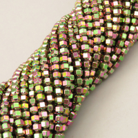 Non-magnetic Synthetic Hematite Beads Strands,18 Sides,Plating,Flower Green,4x4mm,Hole:1mm,about 95 pcs/strand,about 14 g/strand,5 strands/package,XBGB07942vbmb-L020