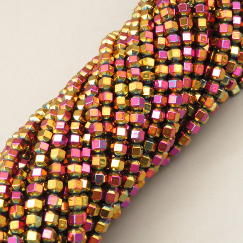 Non-magnetic Synthetic Hematite Beads Strands,18 Sides,Plating,Purple Yellow,4x4mm,Hole:1mm,about 95 pcs/strand,about 14 g/strand,5 strands/package,XBGB07948vbmb-L020