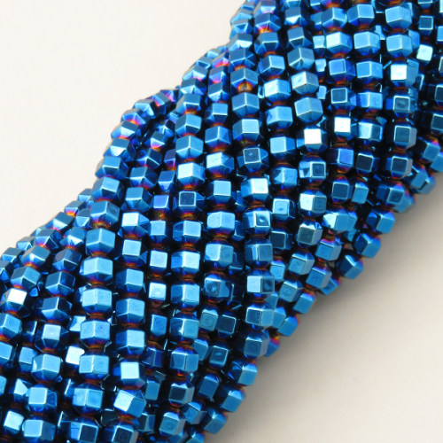 Non-magnetic Synthetic Hematite Beads Strands,18 Sides,Plating,Royal Blue,4x4mm,Hole:1mm,about 95 pcs/strand,about 14 g/strand,5 strands/package,XBGB07952vbmb-L020