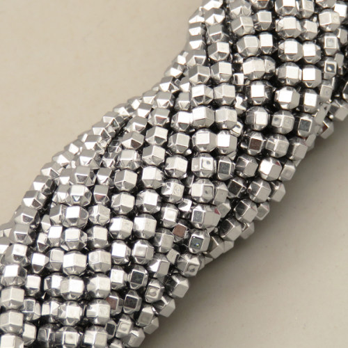 Non-magnetic Synthetic Hematite Beads Strands,18 Sides,Plating,Silver White,4x4mm,Hole:1mm,about 95 pcs/strand,about 14 g/strand,5 strands/package,XBGB07960vbmb-L020