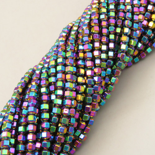 Non-magnetic Synthetic Hematite Beads Strands,18 Sides,Plating,Iridescent,4x4mm,Hole:1mm,about 95 pcs/strand,about 14 g/strand,5 strands/package,XBGB07962vbmb-L020