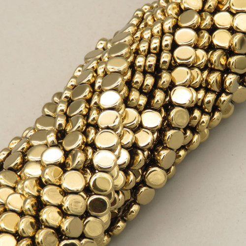 Non-magnetic Synthetic Hematite Beads Strands,Chamfered Oval Block,Plating,Gold Champagne,5.5x6.5mm,Hole:1mm,about 72 pcs/strand,about 20 g/strand,5 strands/package,XBGB07966ablb-L020