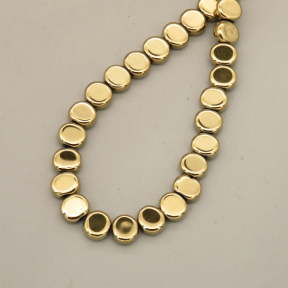Non-magnetic Synthetic Hematite Beads Strands,Chamfered Oval Block,Plating,Gold Champagne,5.5x6.5mm,Hole:1mm,about 72 pcs/strand,about 20 g/strand,5 strands/package,XBGB07966ablb-L020