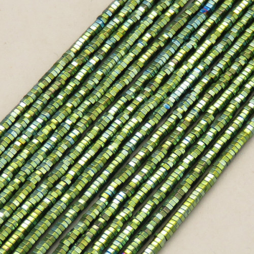 Non-magnetic Synthetic Hematite Beads Strands,Hexagonal Diamond,Plating,Grass Green,1x2mm,Hole:0.8mm,about 250 pcs/strand,about 6 g/strand,5 strands/package,XBGB08008vbmb-L020