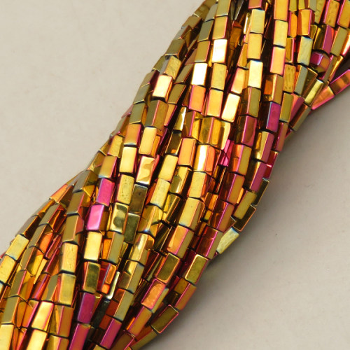 Non-magnetic Synthetic Hematite Beads Strands,Long Square,Plating,Purple Red Yellow,2x4mm,Hole:0.8mm,about 95 pcs/strand,about 6 g/strand,5 strands/package,14.96"(38mm),XBGB08236ablb-L020