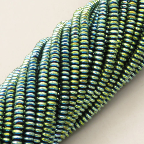 Non-magnetic Synthetic Hematite Beads Strands,Abacus Beads,Plating,Grass Green,4x2mm,Hole:1mm,about 190 pcs/strand,about 19 g/strand,5 strands/package,14.96"(38mm),XBGB08294baka-L020