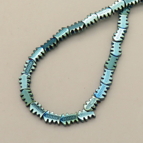 Non-magnetic Synthetic Hematite Beads Strands,Fish Bone,Plating,Cyan,5x8x3mm,Hole:1.2mm,about 54 pcs/strand,about 17 g/strand,5 strands/package,14.93"(38mm),XBGB08316ahjb-L020