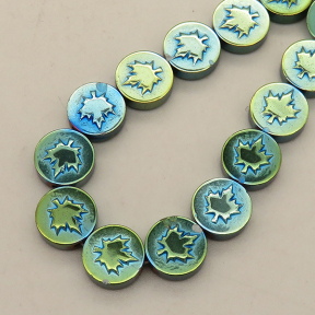 Non-magnetic Synthetic Hematite Beads Strands,Double-Sided Maple Round Cake,Plating,Cyan,10x4mm,Hole:1mm,about 38 pcs/strand,about 42 g/strand,5 strands/package,14.96"(38mm),XBGB08528bhia-L020