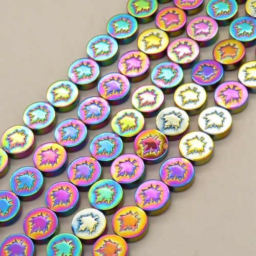 Non-magnetic Synthetic Hematite Beads Strands,Double-Sided Maple Round Cake,Plating,Iridescent,10x4mm,Hole:1mm,about 38 pcs/strand,about 42 g/strand,5 strands/package,14.96"(38mm),XBGB08534bhia-L020