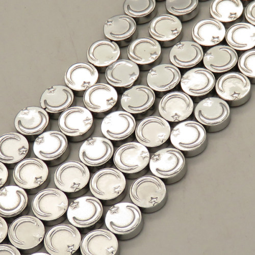 Non-magnetic Synthetic Hematite Beads Strands,Double Sided Turkey Tortilla,Plating,Silver White,10x4mm,Hole:1mm,about 38 pcs/strand,about 42 g/strand,5 strands/package,14.96"(38mm),XBGB08544bhia-L020