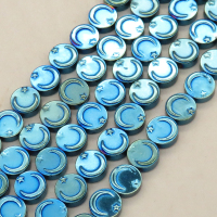 Non-magnetic Synthetic Hematite Beads Strands,Double Sided Turkey Tortilla,Plating,Cyan Blue,10x4mm,Hole:1mm,about 38 pcs/strand,about 42 g/strand,5 strands/package,14.96"(38mm),XBGB08548bhia-L020