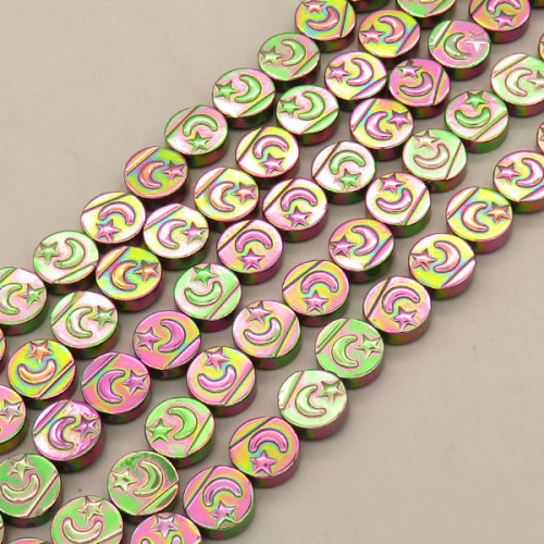 Non-magnetic Synthetic Hematite Beads Strands,Double-Sided Pakistani Round Cake,Plating,Flower Green,10x4mm,Hole:1mm,about 38 pcs/strand,about 42 g/strand,5 strands/package,14.96"(38mm),XBGB08560bhia-L020