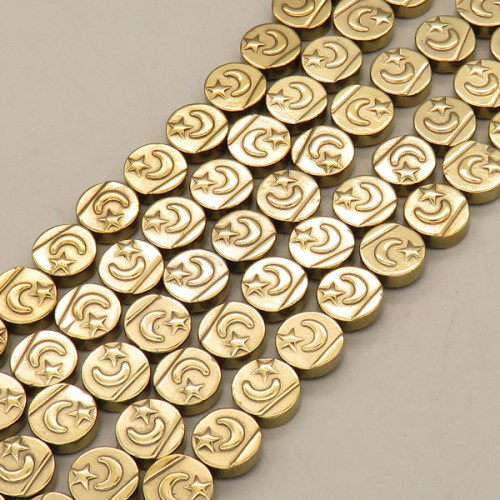 Non-magnetic Synthetic Hematite Beads Strands,Double-Sided Pakistani Round Cake,Plating,Champagne,10x4mm,Hole:1mm,about 38 pcs/strand,about 42 g/strand,5 strands/package,14.96"(38mm),XBGB08564bhia-L020