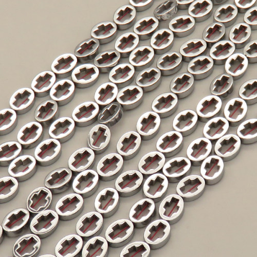 Non-magnetic Synthetic Hematite Beads Strands,Oval Cross,Plating,Silver White,6x8x2.5mm,Hole:1mm,about 48 pcs/strand,about 14 g/strand,5 strands/package,14.96"(38mm),XBGB08574ahjb-L020