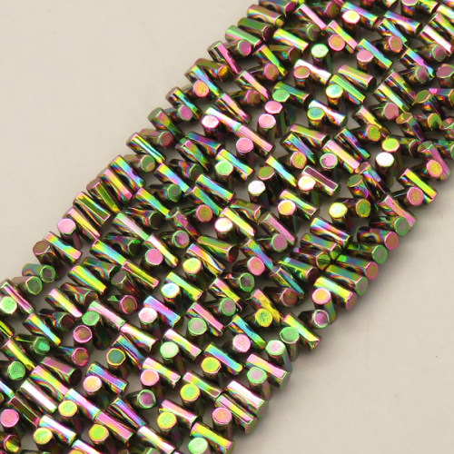 Non-magnetic Synthetic Hematite Beads Strands,Faceted,Round Tube,Plating,Flower Green,3x6mm,Hole:1mm,about 148 pcs/strand,about 30 g/strand,5 strands/package,14.96"(38mm),XBGB08604ahjb-L020