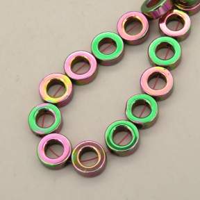 Non-magnetic Synthetic Hematite Beads Strands,Hollow Disc,Plating,Flower Green,9x2x3mm,Hole:1mm,about 46 pcs/strand,about 27 g/strand,5 strands/package,14.96"(38mm),XBGB08618bhva-L020