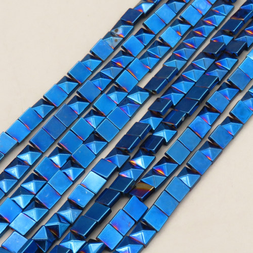 Non-magnetic Synthetic Hematite Beads Strands,Double Hole Square Tower bead,Plating,Royal Blue,3x6mm,Hole:1mm,about 66 pcs/strand,about 23 g/strand,5 strands/package,14.96"(38mm),XBGB08634vhha-L020