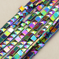Non-magnetic Synthetic Hematite Beads Strands,Double Hole Square Tower bead,Plating,Iridescent,3x6mm,Hole:1mm,about 66 pcs/strand,about 23 g/strand,5 strands/package,14.96"(38mm),XBGB08646vhha-L020