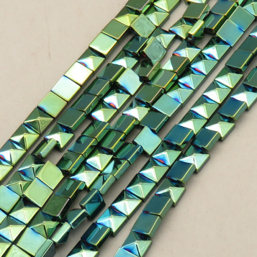 Non-magnetic Synthetic Hematite Beads Strands,Double Hole Square Tower bead,Plating,Dark Green,3x6mm,Hole:1mm,about 66 pcs/strand,about 23 g/strand,5 strands/package,14.96"(38mm),XBGB08654vhha-L020