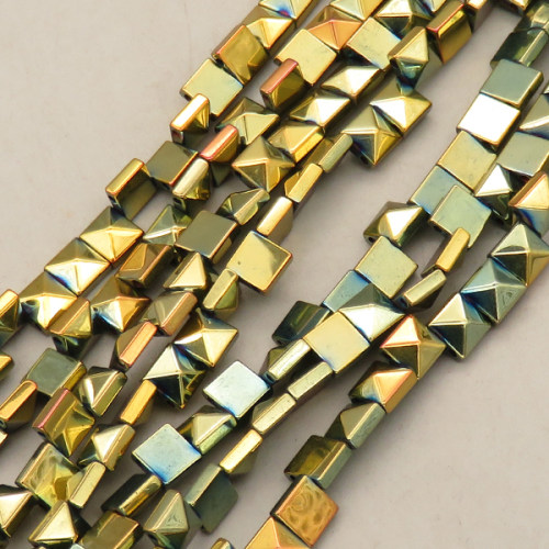 Non-magnetic Synthetic Hematite Beads Strands,Double Hole Square Tower bead,Plating,Light Gold,K gold,3x6mm,Hole:1mm,about 66 pcs/strand,about 23 g/strand,5 strands/package,14.96"(38mm),XBGB08656bhia-L020
