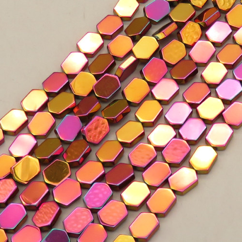 Non-magnetic Synthetic Hematite Beads Strands,Diagonal Rhomboid,Plating,Purple Red Yellow,6x9x2mm,Hole:1mm,about 46 pcs/strand,about 21 g/strand,5 strands/package,14.96"(38mm),XBGB08718ablb-L020