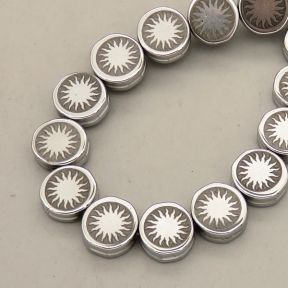 Non-magnetic Synthetic Hematite Beads Strands,Side Groove Sun Circle,Plating,Silver White,9x3.5mm,Hole:1mm,about 45 pcs/strand,about 49 g/strand,,5 strands/package,16.96"(38mm),XBGB08768ablb-L020