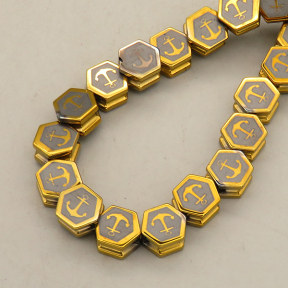 Non-magnetic Synthetic Hematite Beads Strands,Iron Anchor Side Slot Hexagonal Rhombus,Plating,Yellow-Gray,9x5mm,Hole:1.5mm,about 45 pcs/strand,about 52 g/strand,,5 strands/package,16.96"(38mm),XBGB08770ahlv-L020