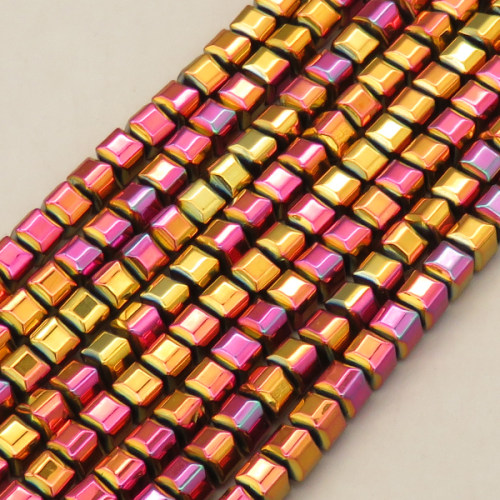 Non-magnetic Synthetic Hematite Beads Strands,Faceted Square,Plating,Purple Yellow,4x4mm,Hole:1mm,about 95 pcs/strand,about 22 g/strand,,5 strands/package,16.96"(38mm),XBGB08786vbmb-L020