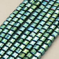 Non-magnetic Synthetic Hematite Beads Strands,Faceted Square,Plating,Dark Green,4x4mm,Hole:1mm,about 95 pcs/strand,about 22 g/strand,,5 strands/package,16.96"(38mm),XBGB08796vbmb-L020