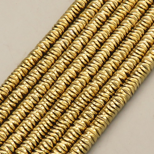 Non-magnetic Synthetic Hematite Beads Strands,Cut Triangle,Plating,Gold,6x2mm,Hole:1mm,about 222 pcs/strand,about 46 g/strand,,5 strands/package,16.96"(38mm),XBGB08804bbov-L020