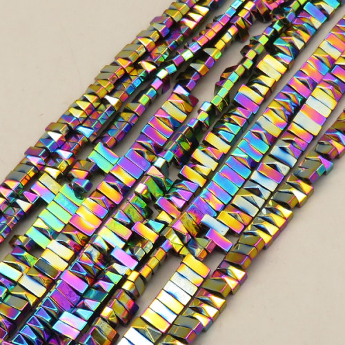 Non-magnetic Synthetic Hematite Beads Strands,Double Hole Rectangular Tower Beads,Plating,Iridescent,6x3x4mm,Hole:1mm,about 120 pcs/strand,about 26 g/strand,,5 strands/package,16.96"(38mm),XBGB08852vhha-L020