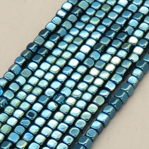 Non-magnetic Synthetic Hematite Beads Strands,Inverted Square,Plating,Cyan Blue,4x4mm,Hole:1mm,about 95 pcs/strand,about 20 g/strand,,5 strands/package,16.96"(38mm),XBGB08872ablb-L020