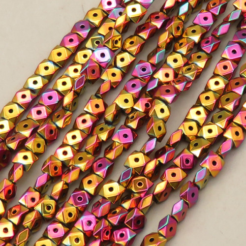Non-magnetic Synthetic Hematite Beads Strands,Center Hole Triangular Tangent Square,Plating,Purple Red Yellow,4x4x2mm,Hole:1mm,about 95 pcs/strand,about 12 g/strand,,5 strands/package,16.96"(38mm),XBGB08884vhha-L020