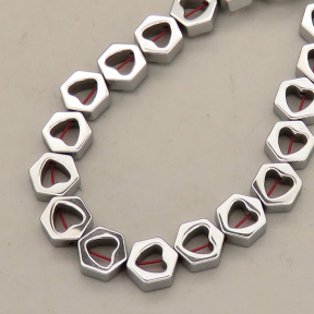 Non-magnetic Synthetic Hematite Beads Strands,Hollow Peach Heart Hexagonal Rhombus,Plating,Silver White,7x7x3mm,Hole:1mm,about 58 pcs/strand,about 17 g/strand,,5 strands/package,16.96"(38mm),XBGB08906bhva-L020