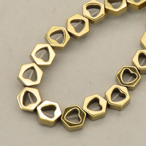 Non-magnetic Synthetic Hematite Beads Strands,Hollow Peach Heart Hexagonal Rhombus,Plating,Gold Champagne,7x7x3mm,Hole:1mm,about 58 pcs/strand,about 17 g/strand,,5 strands/package,16.96"(38mm),XBGB08916bhva-L020