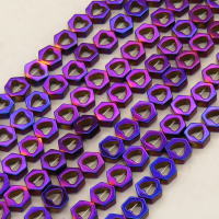 Non-magnetic Synthetic Hematite Beads Strands,Hollow Peach Heart Hexagonal Rhombus,Plating,Purple Sapphire Blue,7x7x3mm,Hole:1mm,about 58 pcs/strand,about 17 g/strand,,5 strands/package,16.96"(38mm),XBGB08920bhva-L020
