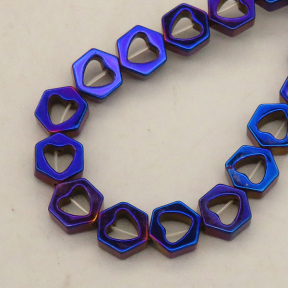 Non-magnetic Synthetic Hematite Beads Strands,Hollow Peach Heart Hexagonal Rhombus,Plating,Purple Sapphire Blue,7x7x3mm,Hole:1mm,about 58 pcs/strand,about 17 g/strand,,5 strands/package,16.96"(38mm),XBGB08920bhva-L020