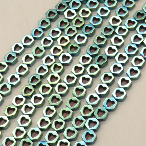 Non-magnetic Synthetic Hematite Beads Strands,Hollow Peach Heart Hexagonal Rhombus,Plating,Dark Green,7x7x3mm,Hole:1mm,about 58 pcs/strand,about 17 g/strand,,5 strands/package,16.96"(38mm),XBGB08922bhva-L020