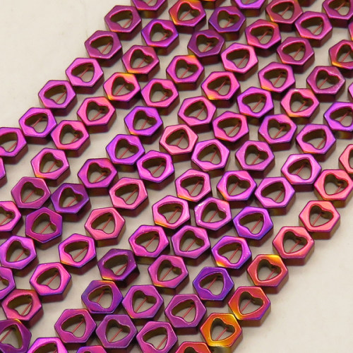 Non-magnetic Synthetic Hematite Beads Strands,Hollow Peach Heart Hexagonal Rhombus,Plating,Purple,7x7x3mm,Hole:1mm,about 58 pcs/strand,about 17 g/strand,,5 strands/package,16.96"(38mm),XBGB08924bhva-L020