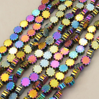 Non-magnetic Synthetic Hematite Beads Strands,Double Sided Flower,Plating,Iridescent,6.5x3mm,Hole:1mm,about 67 pcs/strand,about 30 g/strand,,5 strands/package,16.96"(38mm),XBGB08944bhia-L020